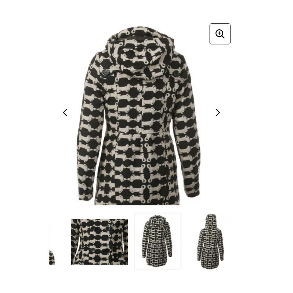 Numph Dachshund Print Wool Blend Hooded Pea Coat Black Cream Size 34 UK 8